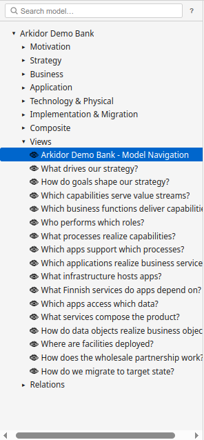 The Navigator panel showing a tree structure with folders for Strategy, Business, Application, Technology layers, and Views