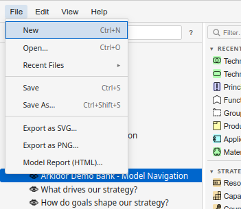 The File menu showing New, Open, Save, Save As, Export as SVG, and Export as PNG options