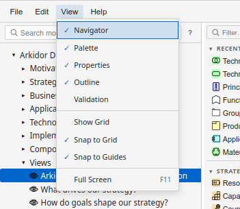 The View menu showing toggle options for Navigator, Palette, Properties, Outline, Console, grid settings, and theme