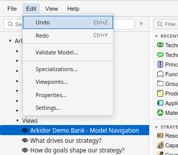 The Edit menu showing Undo, Redo, Find and Replace, Specializations, and Settings options