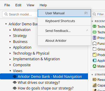 The Help menu showing User Manual, Keyboard Shortcuts, Send Feedback, and About Arkidor options