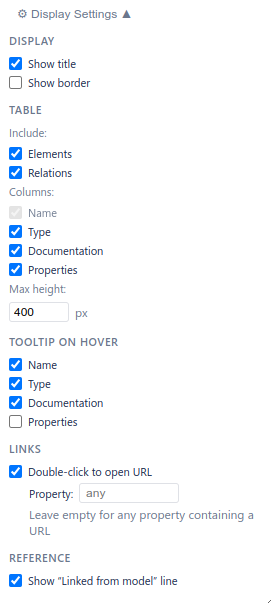 The Display Settings panel expanded, showing the Display, Table, Tooltip, Links, and Reference option groups.
