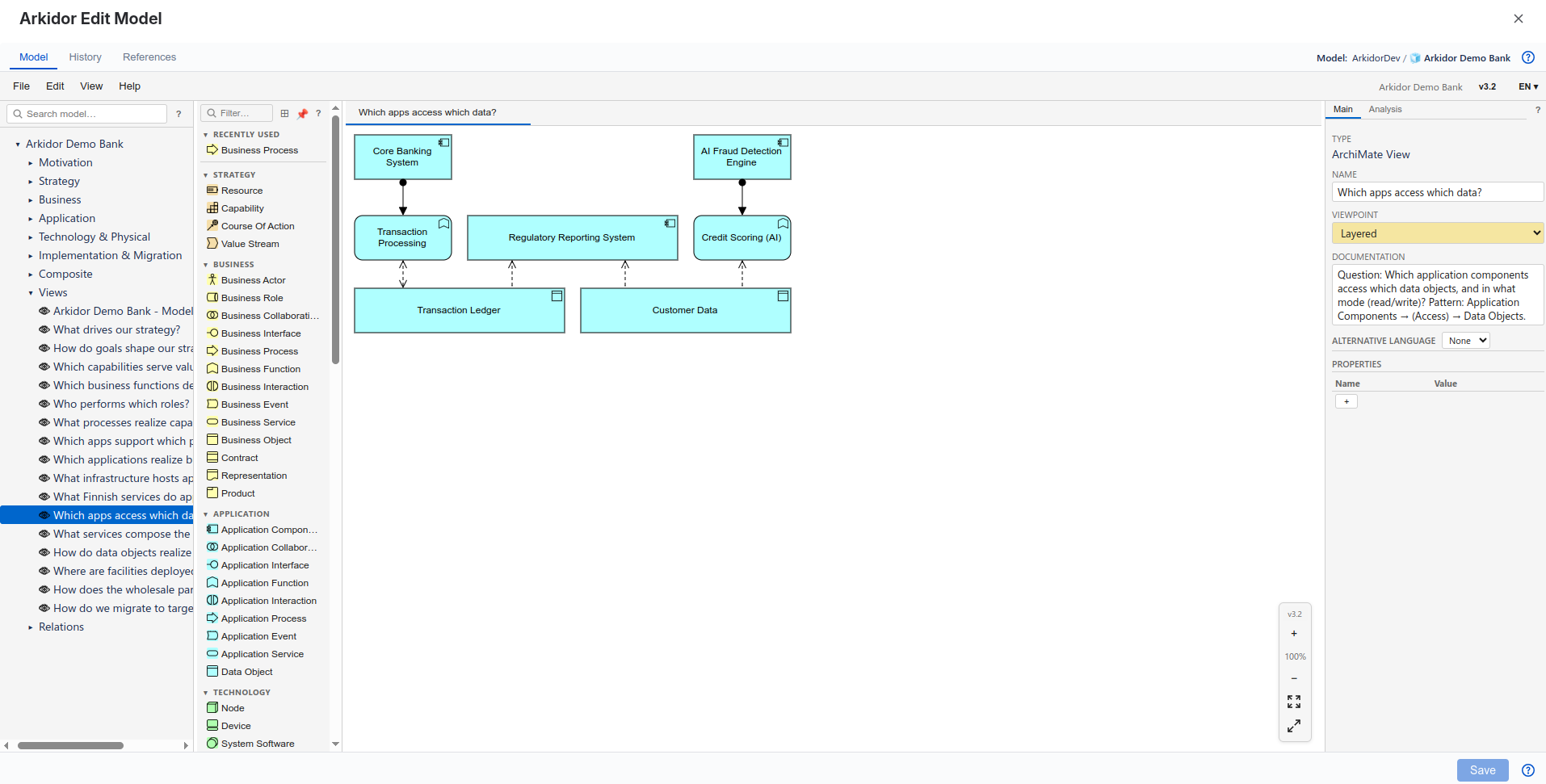 The full-screen Arkidor editor inside Confluence, showing the Edit / History / References tab bar above the canvas, palette, navigator, and properties panel.