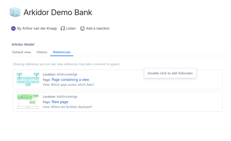 The References tab listing the Confluence pages that embed this model, each with the view it shows and a small preview.