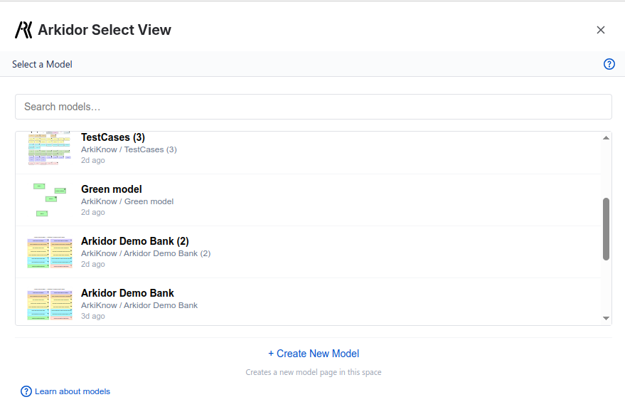 The Select a Model panel with a 'Search models…' box and a list of existing models, each showing a thumbnail, name, space and page location, and last-changed time.