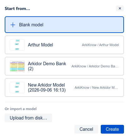 The 'Start from…' dialog offering a Blank model, space templates, and an 'Upload from disk…' option, with a Create button.