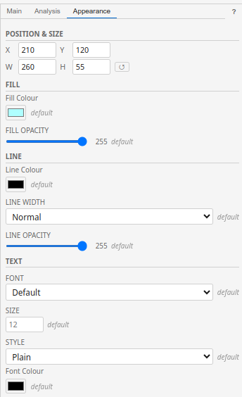 The Appearance tab showing Position and Size fields, Fill colour picker with opacity slider, Line settings, and Text font options