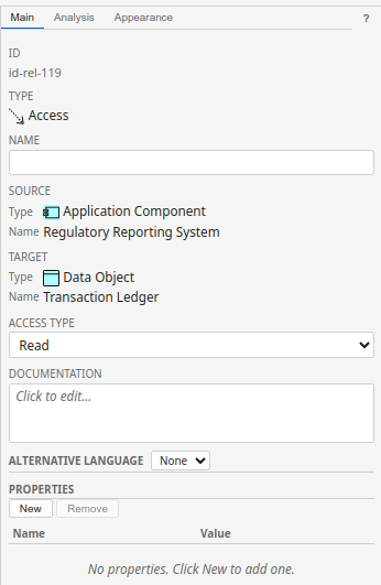The Main tab for a relationship showing Source and Target elements with their type icons, and type-specific fields