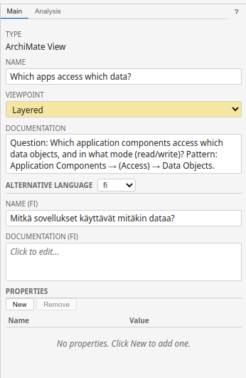 The Main tab for a view showing the Name field and Viewpoint dropdown with colour-coded viewpoint categories